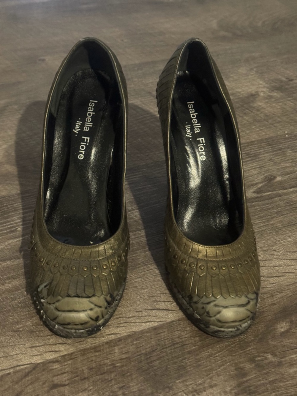 Isabella Fiore Olive Leather Fringe Pointed-Toe Pumps